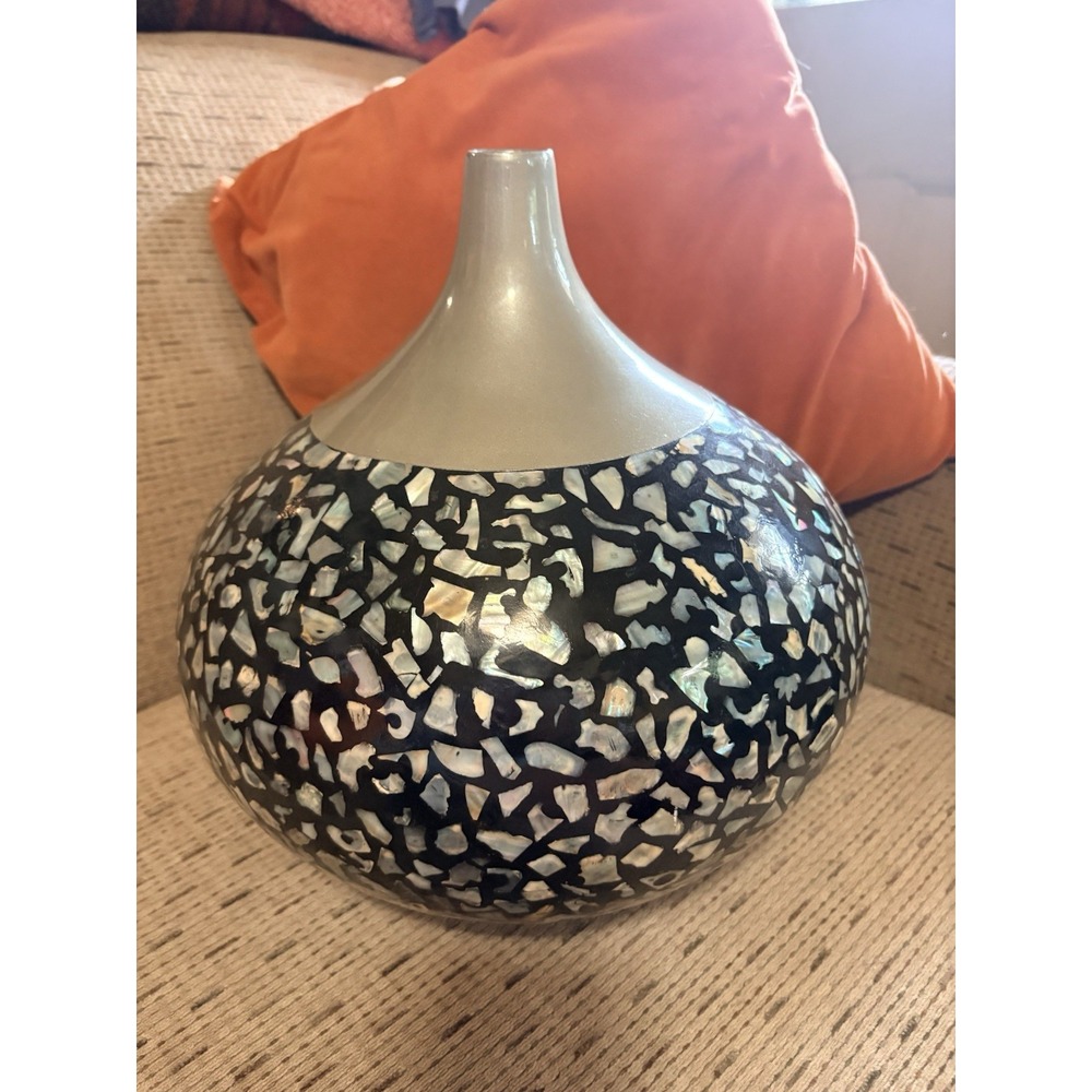 Murano Art Royal Ceramic Vase Mother Of Pearl Inset 12.5" Ht Decor